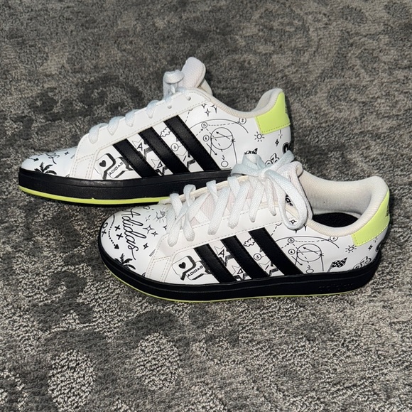 Adidas White Sneakers with Black Graphics and Neon Accents - Picture 3 of 5
